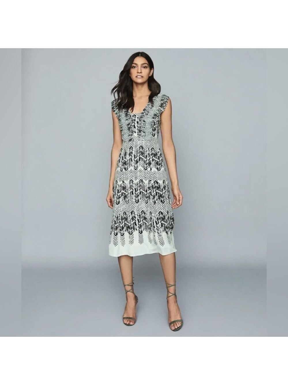 Reiss Black and White patterned sleeveless midi dress